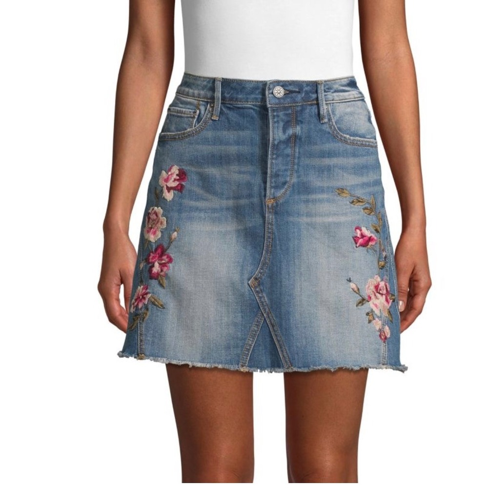 DRIFTWOOD Light Blue Denim Mini Skirt with Pink Floral Embroidery
